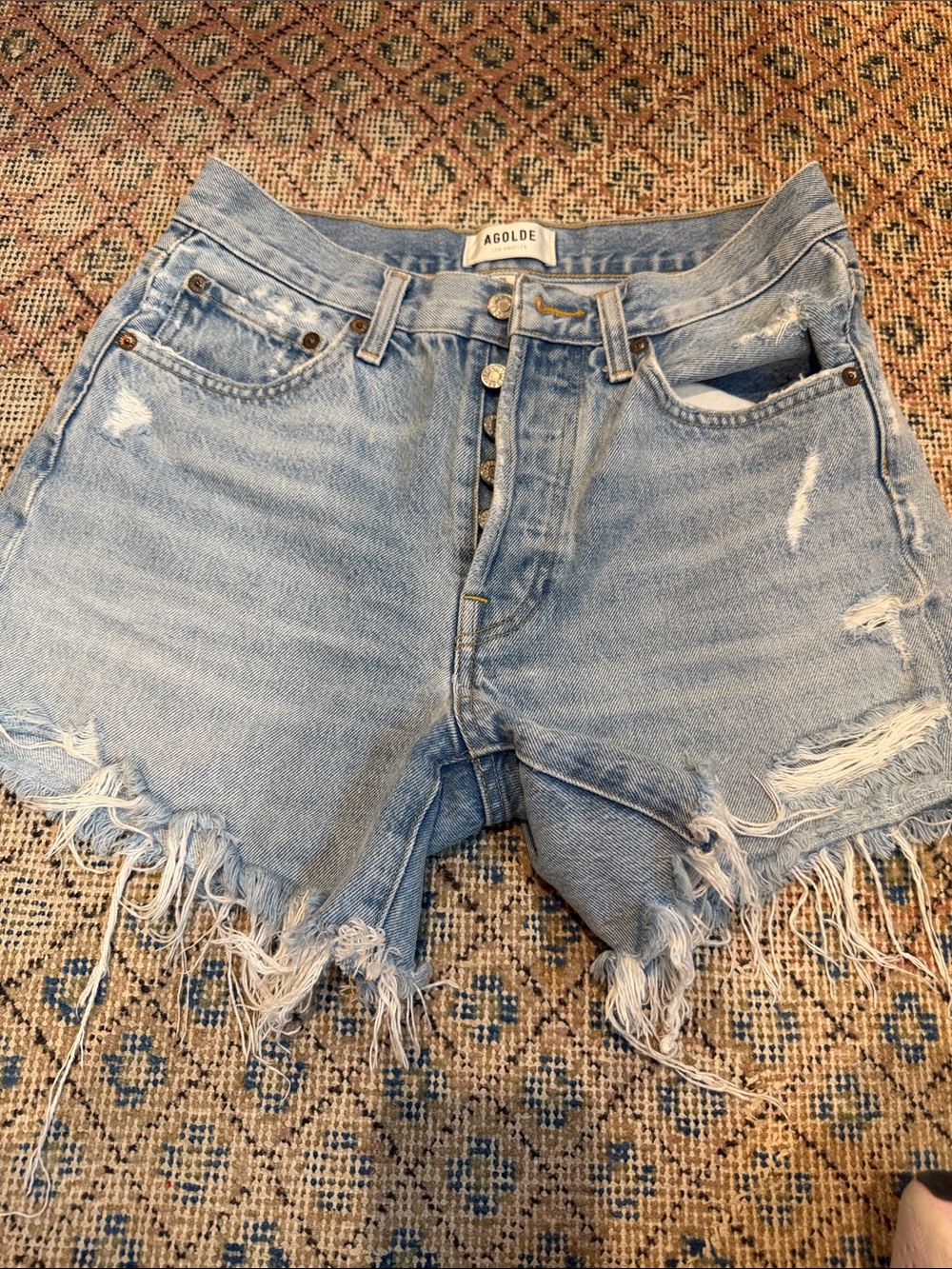 Agolde Light Blue High-Rise Frayed Denim Shorts